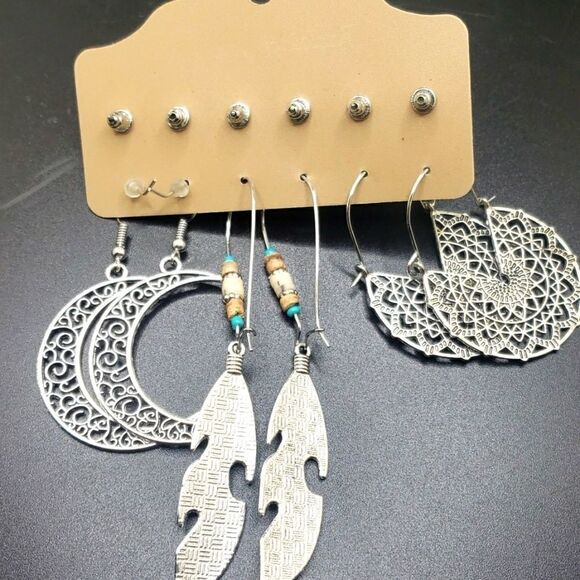 BOHEMIAN Crescent moon turquoise feather earring bundle set - Picture 6 of 7